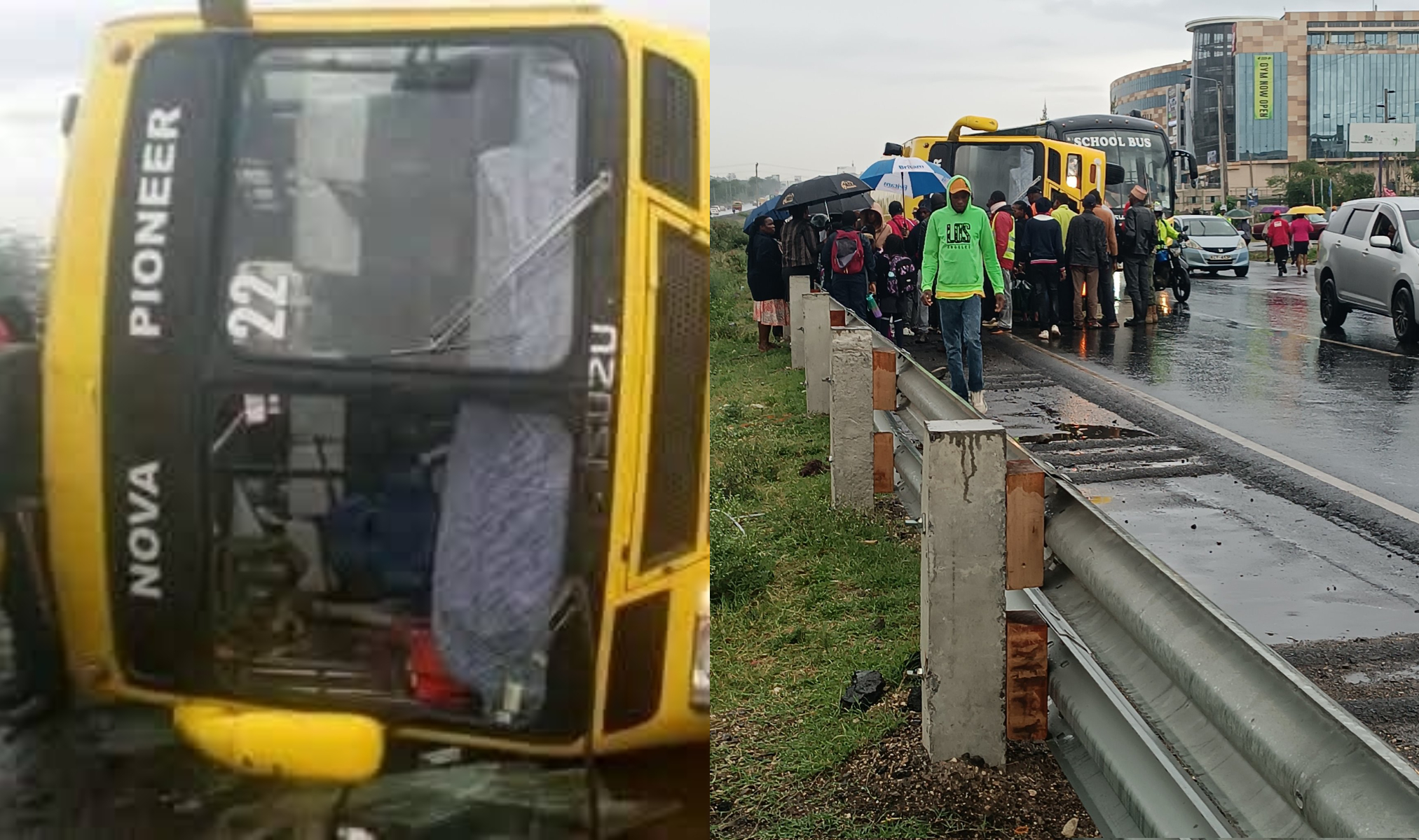 Photocollage of a Nova Pioneer school bus involved in an accident along Mombasa Road.